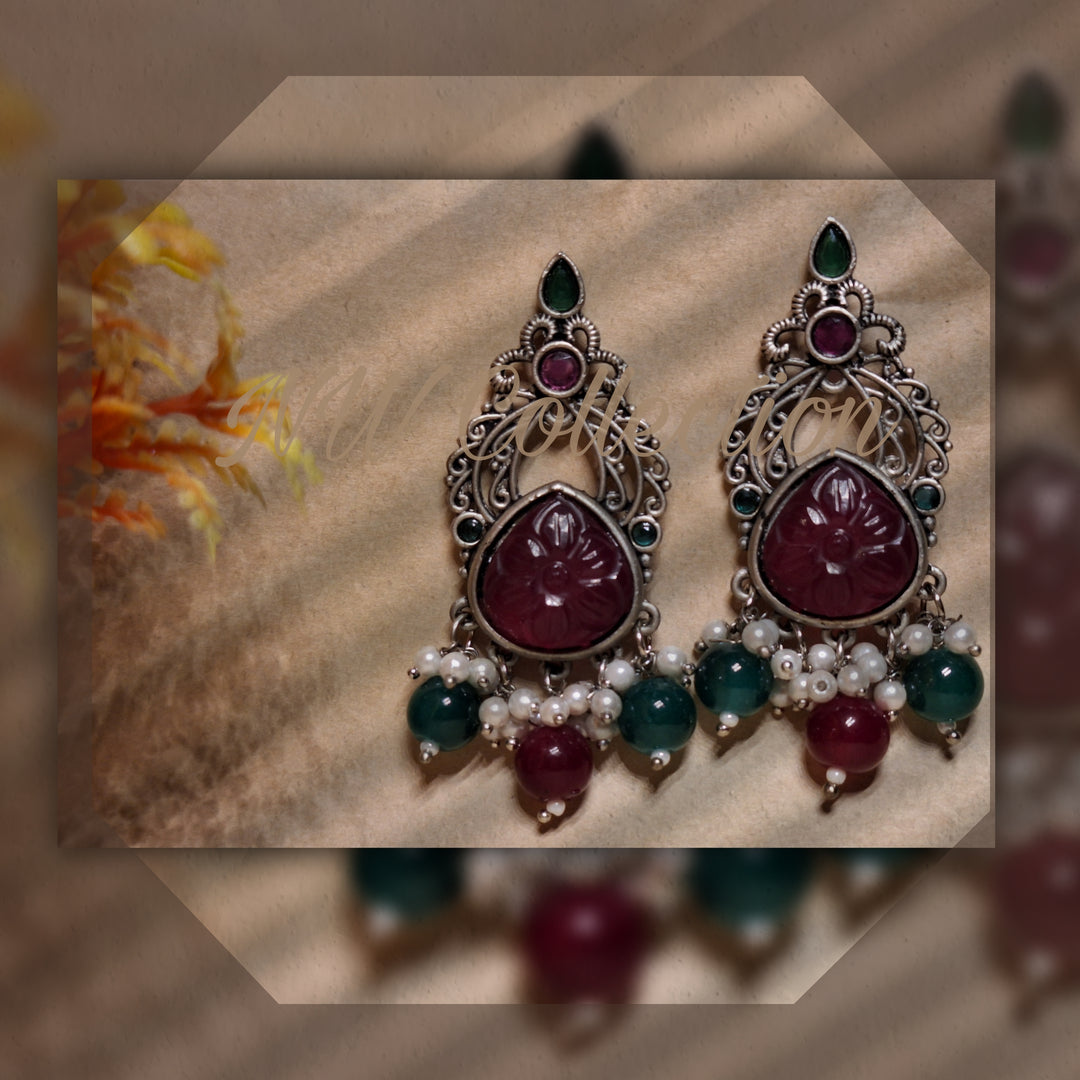 OXIDIESED EARINGS INDIAN STYLE MAROON AND GREEN BEATS